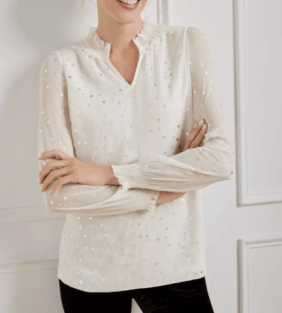 Talbots Tops - Talbots NWT Smocked Cheerful Dots Top White Silver Polka Dots, Sz XL, MSRP $109